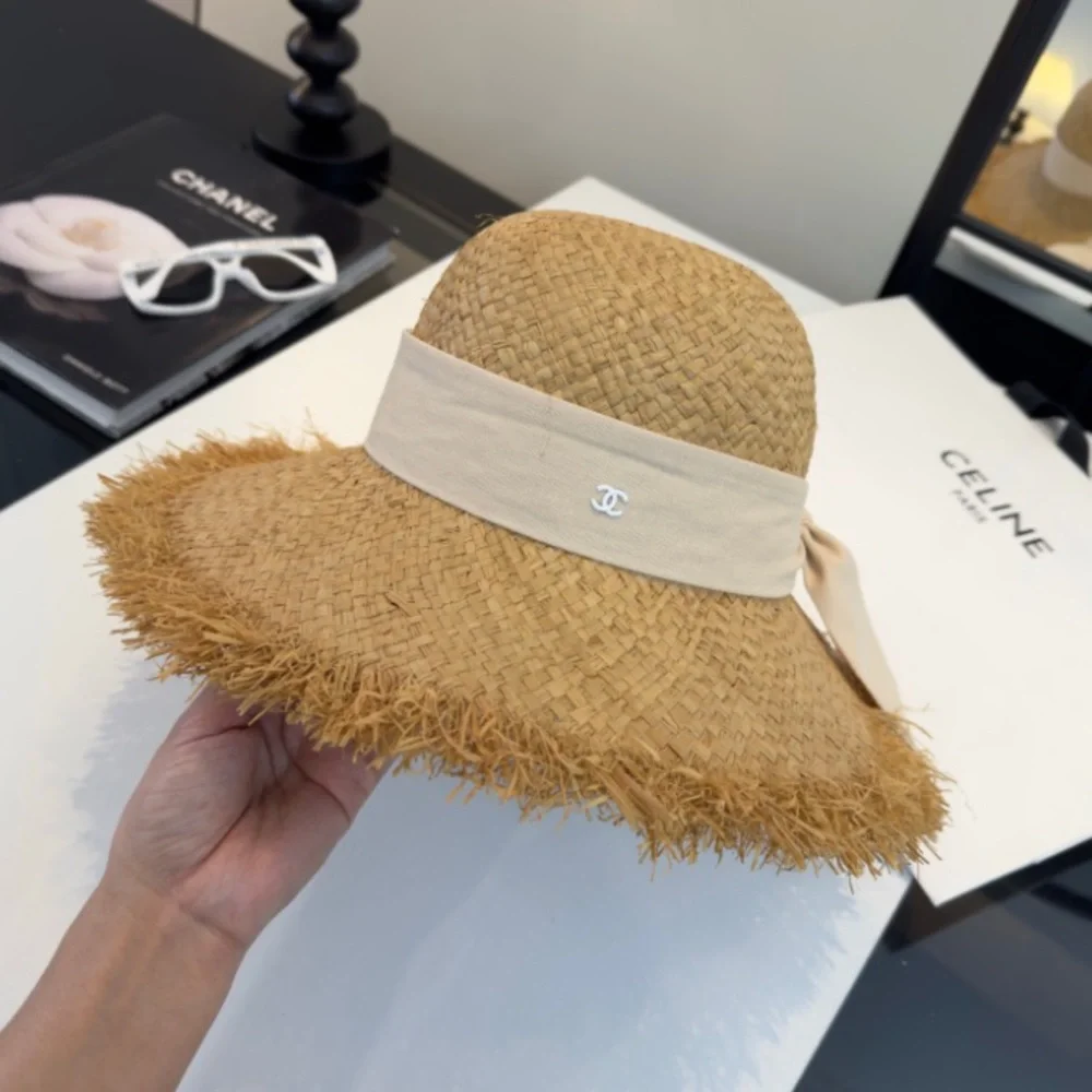 Chanel Natural Straw Wide-Brim Sun Hat with Beige Ribbon - Picture 6 of 7